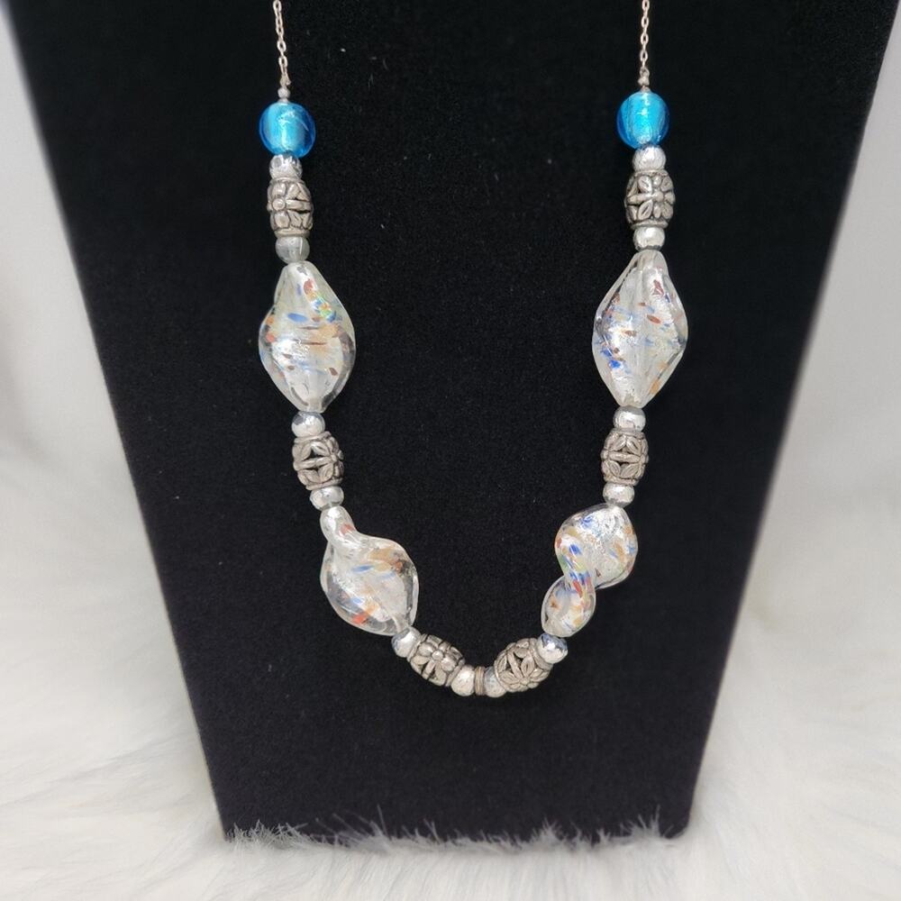 Silver Blue Glass Twisted Bead Necklace Elegant Statement Cocktail Evening Wear - Picture 3 of 4
